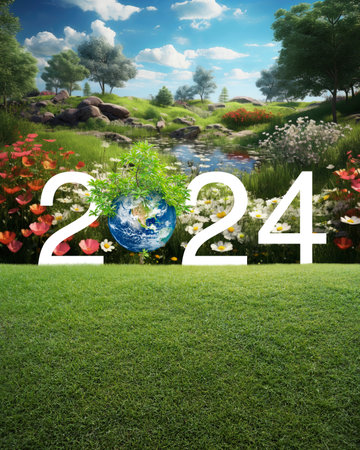 2024 with planet and tree on green grass over beautiful colourful flowers blooming field on mountain, Happy new year 2024 ecological cover, Save the earth concept, Elements of this image furnished by NASA, Generative AIの素材