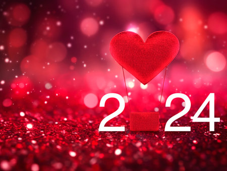 Red fabric heart love air balloon with 2024 white letter on red sparkling glitter lights bokeh background, Happy new year and valentines day 2024 concept, Generative AIの素材