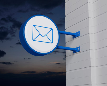 email icon on hanging blue rounded signboard over sunset sky, Business contact us online concept, 3D renderingの写真素材