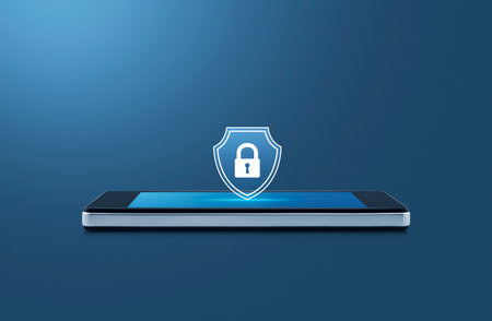 Padlock with shield flat icon on modern smart mobile phone screen on light blue background, Technology internet security insurance online conceptの写真素材