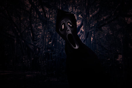 Ghost standing over spooky dark forest with tree, leaves and vine, Halloween mystery concept