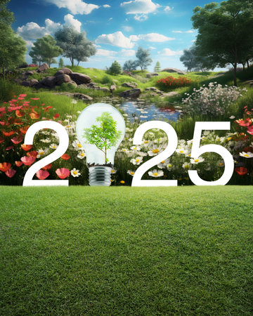 2025 white text and light bulb with tree inside on green grass over beautiful colourful flowers blooming field on mountain, Happy new year 2025 green ecology and saving energy concept, Generative AIの素材