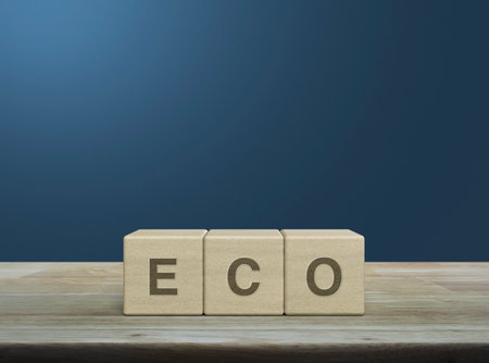 Eco letter on wood block cubes on wooden table over light blue wall, Business ecological conceptの写真素材