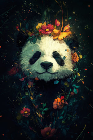 Digital art of happy panda face with colorful flowers over green background, Illustration animal poster, Generative AIの素材