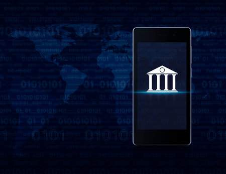 Bank flat icon on modern smart mobile phone screen over computer binary code blue background, Mobile banking concept, Elements of this image furnished by NASAの写真素材