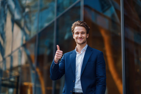 Smiling Caucasian businessman in blue suit making thumbs up over blur of modern office building facade, Business confident and success concept, Generative AIの素材