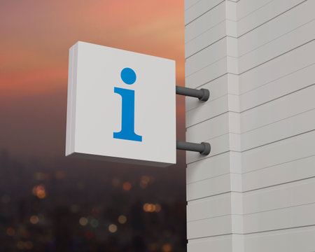 Information icon on hanging white square signboard over blur of cityscape on warm light sundown, Business customer service and support concept, 3D renderingの写真素材