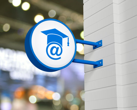 E-learning icon on hanging blue rounded signboard over blur light and shadow of shopping mall, Business study online concept, 3D renderingの写真素材