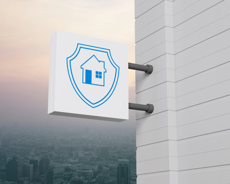 Home with shield icon on hanging white square signboard over city tower and skyscraper at sunset sky, vintage style, Business home insurance and security concept, 3D renderingの写真素材