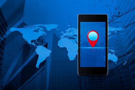 Map pin location button on modern smart mobile phone screen over world map and city tower background, Map pointer navigation online concept, Elements of this image furnished by NASAの写真素材