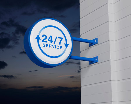 24 hours service icon on hanging blue rounded signboard over sunset sky, Business full time online service concept, 3D renderingの写真素材
