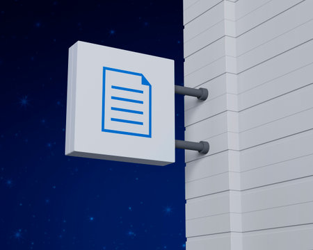 Document icon on hanging white square signboard over fantasy night sky, Technology internet online concept, 3D renderingの写真素材