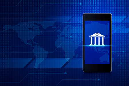 Bank flat icon on modern smart mobile phone screen over digital world map technology style, Mobile banking concept, Elements of this image furnished by NASAの写真素材