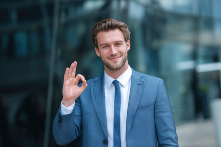 Smiling Caucasian businessman in blue suit showing ok gesture sign with fingers over blur of modern office building facade, Business confidence and success concept, Generative AIの素材