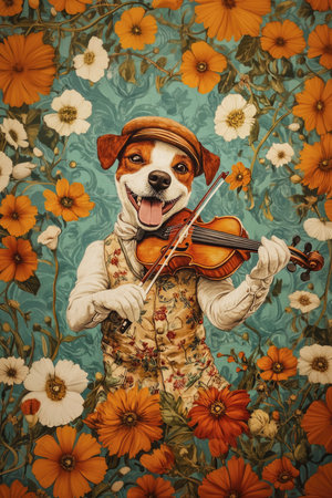 Contemporary art collage of happy dog wearing retro costume playing violin with colorful flowers over green background, illustration music poster, Funky style, Generative AIの素材