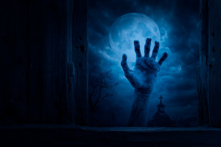 Zombie hand rising out from old damaged wood window with wall over cross, church, dead tree, full moon and spooky cloudy sky, Halloween mystery concept, Generative AIの素材