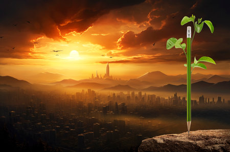 Eco green pencil with leaf on rock mountain over aerial panoramic view of modern city tower at golden hour, Business ecology concept, Generative AIの素材