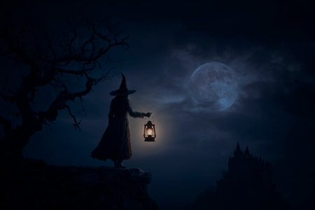 Halloween witch holding ancient lamp standing on rock mountain over dead tree, grunge castle, full moon and cloudy spooky sky, Halloween mystery concept, Generative AIの素材
