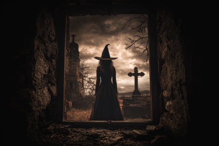 Halloween witch standing in old damaged wood window with stone wall over cross, church, dead tree and spooky cloudy sky, Halloween mystery concept, Generative AIの素材