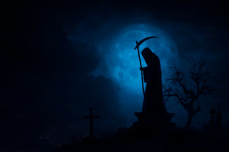 Grim reaper standing on altar over cross, church, dead tree, full moon and cloudy spooky sky, Halloween mystery concept, Generative AIの素材