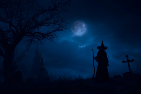 Halloween witch holding broom standing on grass field over cross, dead tree, castle, full moon and cloudy spooky sky, Halloween mystery concept, Generative AIの素材
