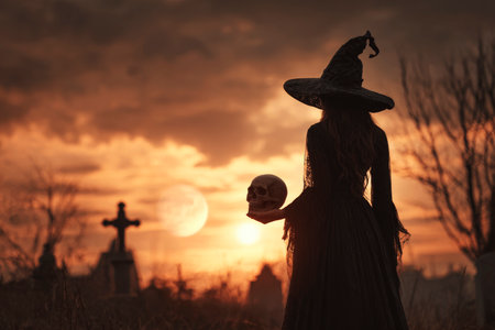 Halloween witch holding a skull standing over cross, church, dead tree, full moon and sunset sky, Halloween mystery concept, Generative AIの素材