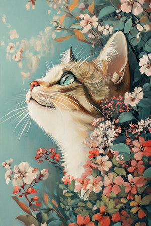 Acrylic color painting of cat with flowers over green background, Illustration animal poster, Generative AIの素材