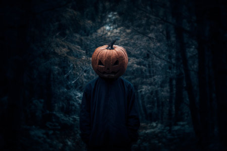 Pumpkin monster head on man body standing over dark forest and tree, Halloween mystery concept, Generative AIの素材