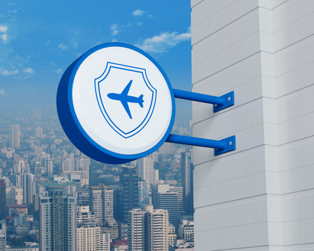 Airplane with shield icon on hanging blue rounded signboard over modern city tower, office building and skyscraper, Business travel insurance and safety concept, 3D renderingの写真素材