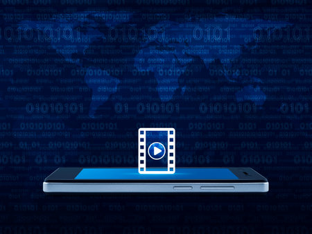 Play button with movie icon on modern smart mobile phone screen over world map and computer binary code blue background, Business movie online concept, Elements of this image furnished by NASAの写真素材