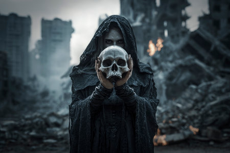 Halloween witch holding a skull standing over destroyed building in city with debris and collapsing, Ghost city, Halloween mystery concept, Generative AIの素材