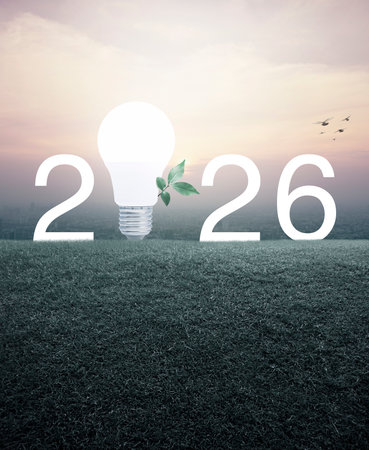 Light bulb with fresh tree leaves and 2026 letter on green grass field over cityscape at sunset, vintage style, ecology saving power and energy conceptの写真素材