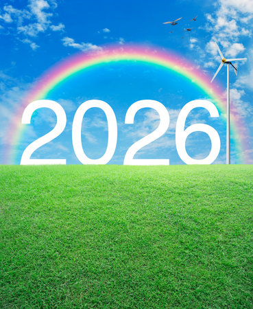 2026 white text with wind turbine on green grass field over rainbow, birds and blue sky with white...