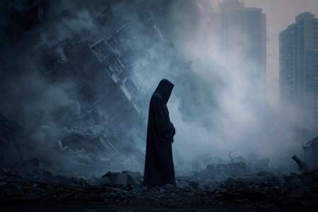 Grim reaper in black cloth standing over destroyed building in city with debris and collapsing, Ghost city, Halloween mystery concept, Generative AIの素材