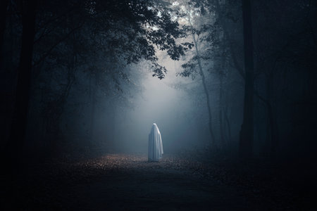 Ghost evil spirit standing on dark foggy forest path way, Halloween mystery concept, Generative AIの素材
