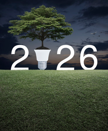 Big green tree on soil with light bulb and 2026 white letter on green grass field over sunset sky...