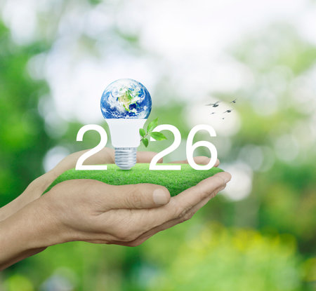 2026 white text and earth globe inside led light bulb with fresh leaves on green grass in hands over blur forest, Happy new year 2026 green ecology and saving energy conceptの写真素材