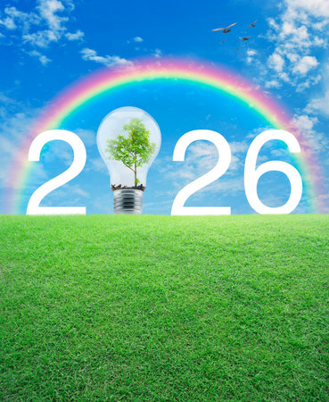 2026 white text and light bulb with tree inside on green grass field over blue sky, white clouds and rainbow, Happy new year 2026 ecological cover conceptの写真素材