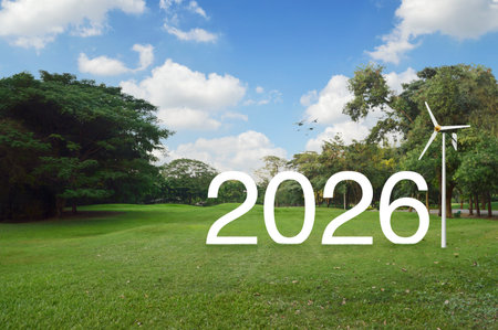 2026 white text with wind turbine on green grass field and trees in park, Happy new year 2026 ecological cover conceptの写真素材