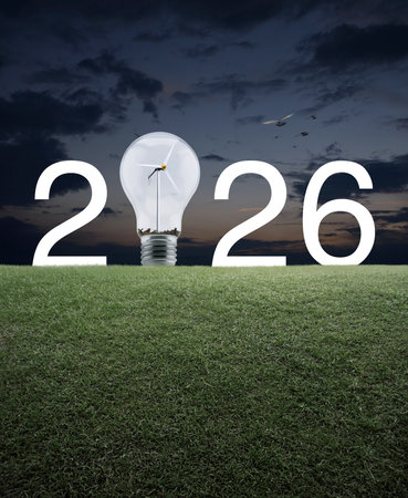 2026 white text and light bulb with wind turbine inside on green grass field over sunset sky with birds, Happy new year 2026 ecological cover conceptの写真素材