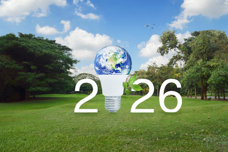 2026 white text with earth globe inside led light bulb with fresh leaves on green grass field and trees in park, Happy new year 2026 ecology saving power and energy concept, Elements of this image furnished by NASAの写真素材