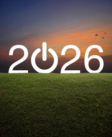 2026 start up business flat icon on green grass field over sunset sky with birds, new year 2026 success conceptの写真素材
