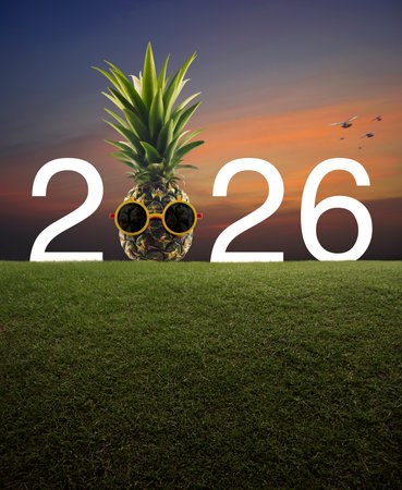 Pineapple with sunglasses and 2026 white text on green grass field over sunset sky with birds, Happy new year 2026 summer holiday conceptの写真素材