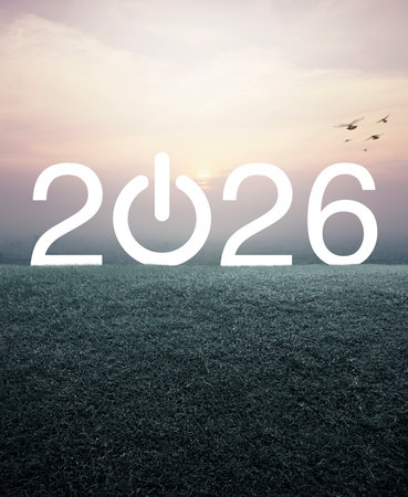 2026 start up business flat icon on green grass field over aerial view of cityscape at sunset,...