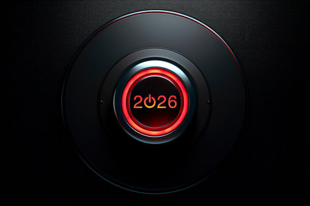 2026 start up business flat icon on modern black round shaped push button with red light of switching on sign, Business happy new year 2026 start up and success concept, Generative AIの素材