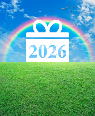 Gift box happy new year 2026 flat icon on green grass field over rainbow, blue sky, white clouds and...