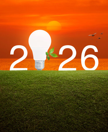 Led light bulb with fresh tree leaves and 2026 letter on green grass field over sunset sky and sea,...