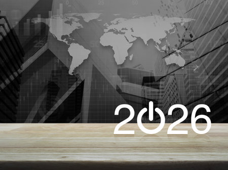 2026 start up business flat icon on wooden table over black and white world map with modern city...