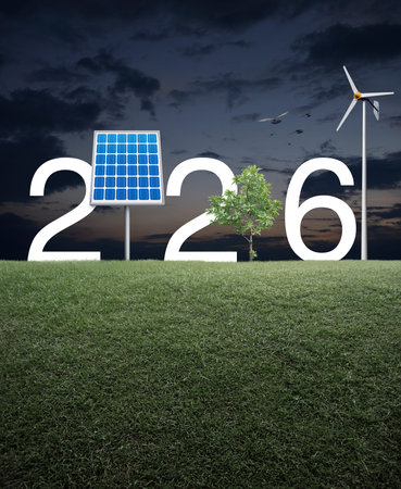 2026 white text with solar cell, wind turbine and growing tree on green grass field over sunset sky,...