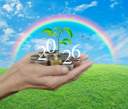 Hands holding growing tree with 2026 white text and coins over green grass, blue sky, white clouds,...
